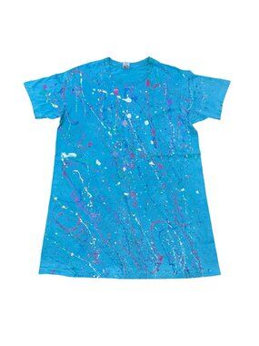 Vintage 1980s Hanes Paint Splatter Art T Shirt Blue Made in USA